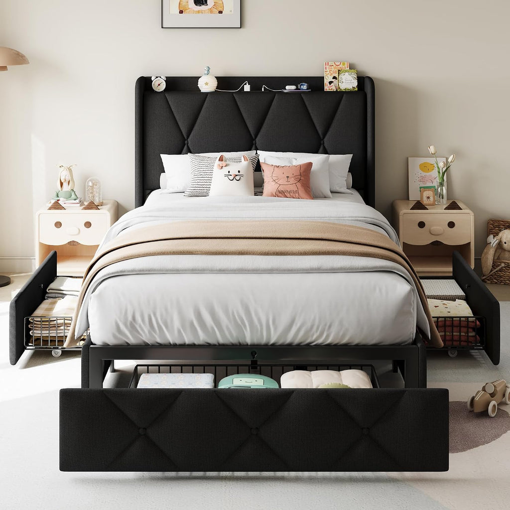 Einhomn Twin Bed Frame with 3 Storage Drawers, Upholstered Bed Frame with Charging Station and Storage Headboard, No Box Spring Needed, Easy Assembly, Black