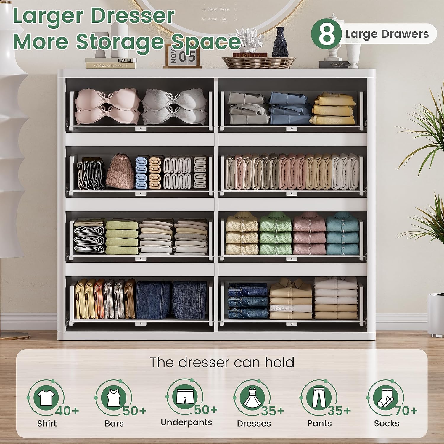Standifurno White 8 Drawer Dresser, Modern Fluted Dressers & Chest of Drawers for Bedroom, 48' Wide Dresser TV Stand with Deep Drawer, Curved Profile, Wood Organizer for Bedroom, Living Room, Hallway