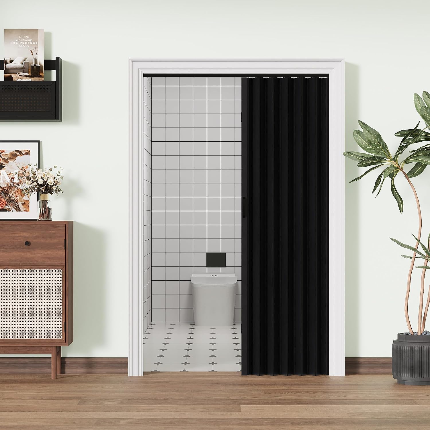 48' x 80' PVC Accordion Doors Interior with Strong Magnet for Closes Tightly, Acoordion Closet Doors for Doorway & Pantry, Easy to Install, Trimmable Height & Width, Protect Privacy, Black