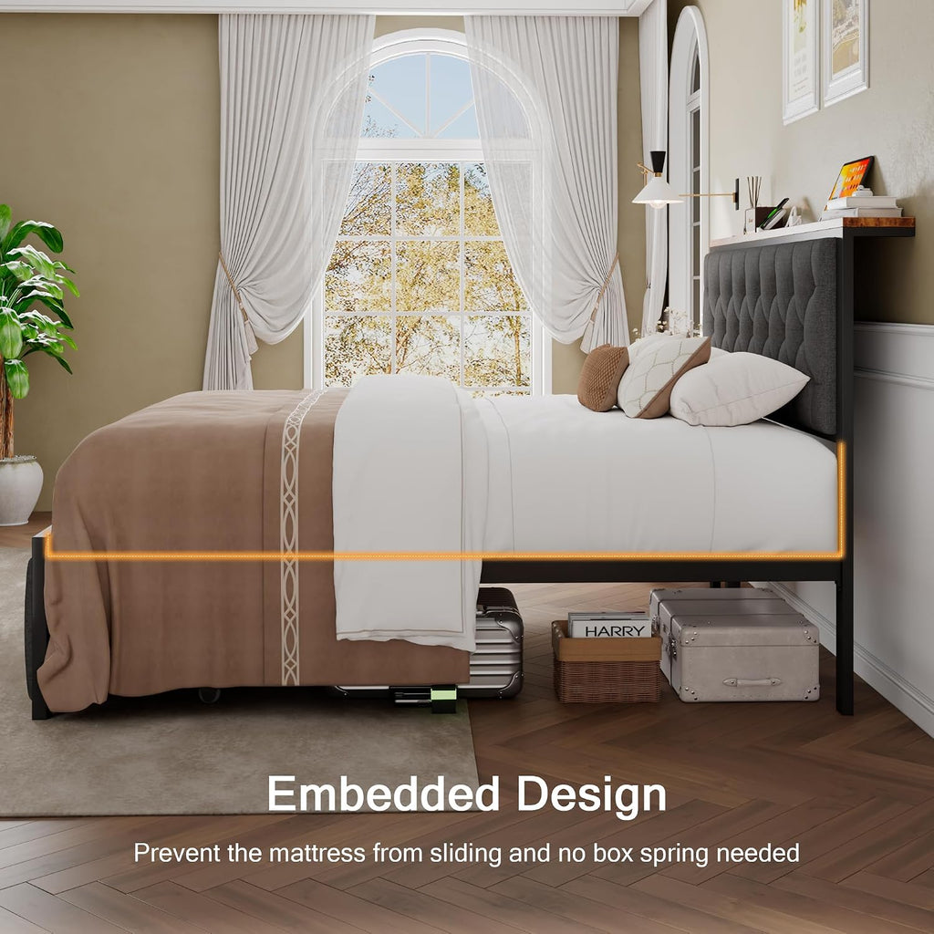 Einhomn Queen Bed Frame with 2 Storage Drawers, Metal Platform Bed with Charging Station, Upholstered Button Tufted Storage Headboard, No Box Spring Needed, Easy Assembly, Noise-Free, Grey