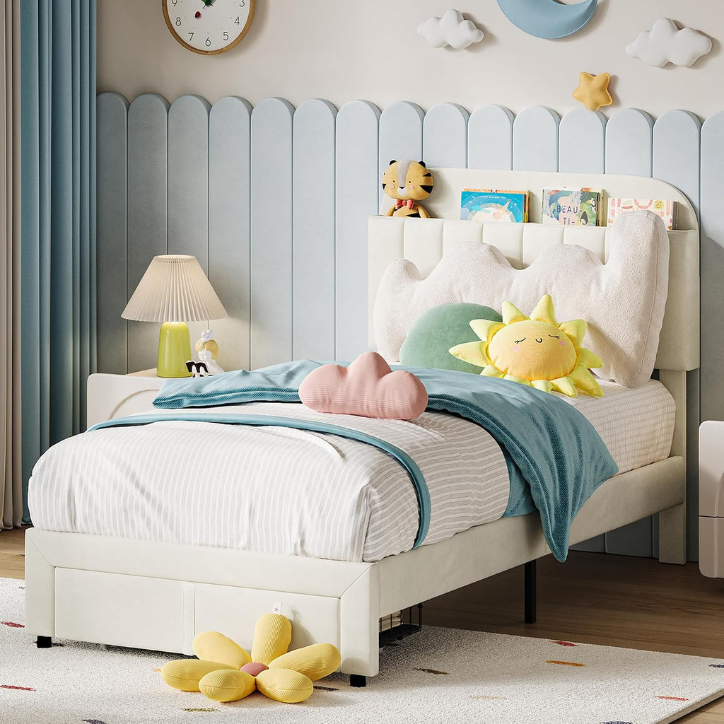 IDEALHOUSE Set of 2 Twin Bed Frame for Kids, Upholstered Platform Bed with Large Storage Drawer and Bookcase Headboard, Girls Boys Bed, Noise-Free, Easy Assembly, No Box Spring Needed, Cream White