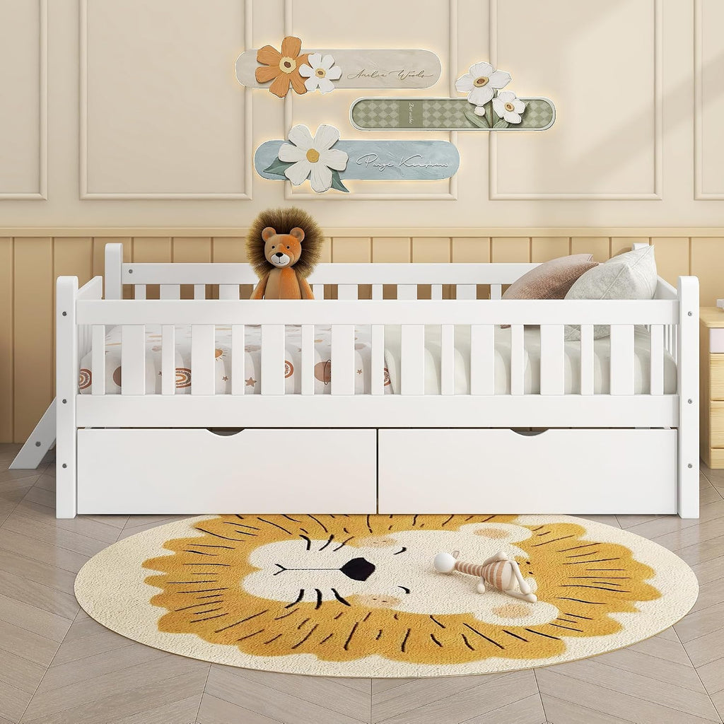 VilroCaz Twin Size Platform Bed with Guardrail and 2 Drawers, Wood Kids Platform Bed Frame with Two-Step Ladder for Boys Girls, Sturdy Slats Support (White-1.26)
