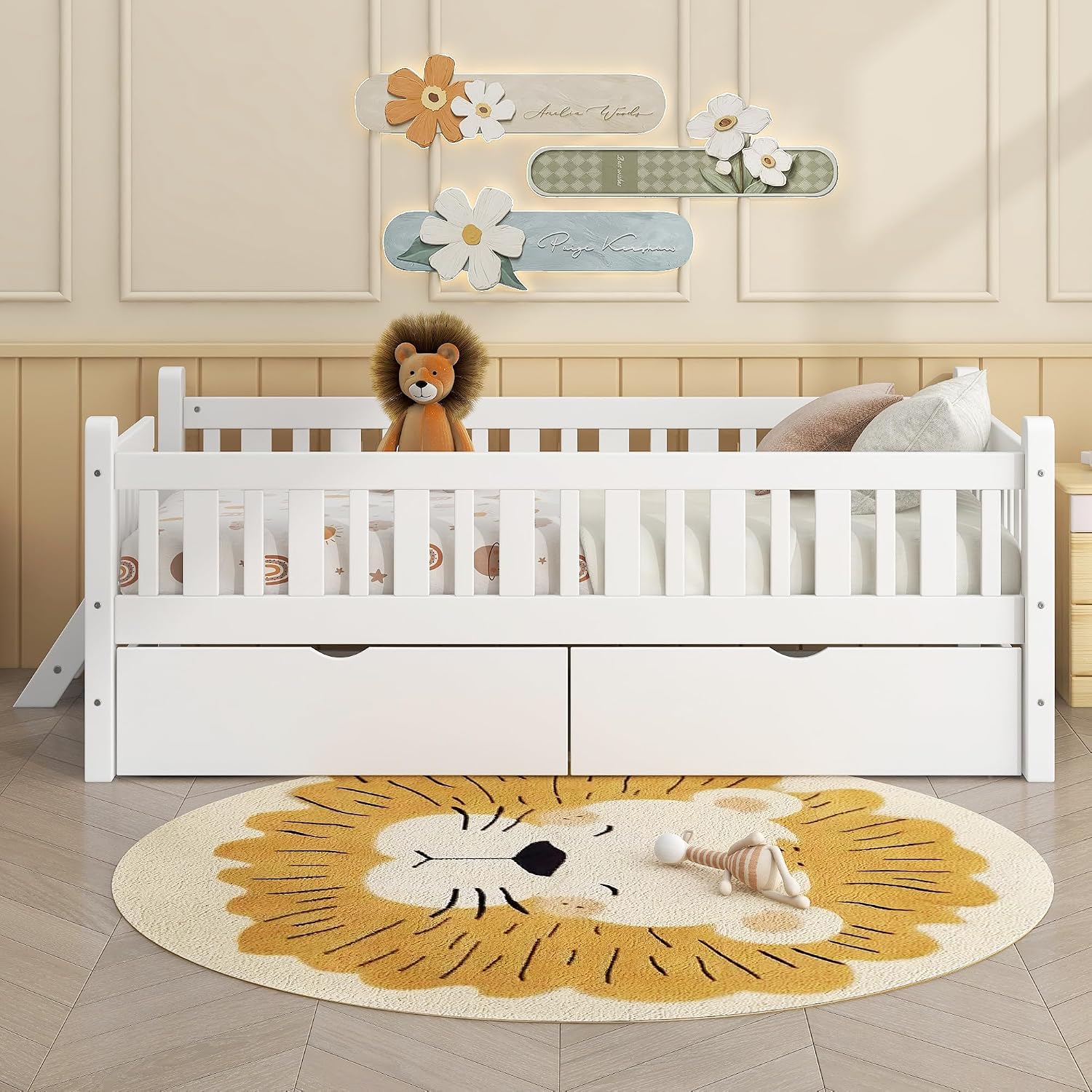 VilroCaz Twin Size Platform Bed with Guardrail and 2 Drawers, Wood Kids Platform Bed Frame with Two-Step Ladder for Boys Girls, Sturdy Slats Support (White-1.26)