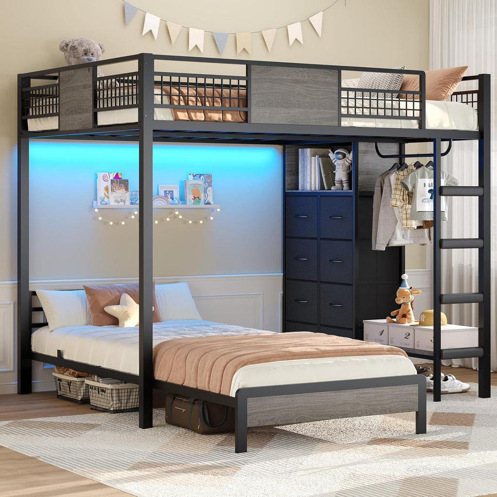 ADORNEVE Full Over Twin Bunk Bed with 8 Storage Drawers, Metal Loft Bed with Led Lights & Storage Shelves, Bunk Beds Twin Over Full Size with 13.4' H Safety Guardrail & Ladder, for Kids & Teens, Grey