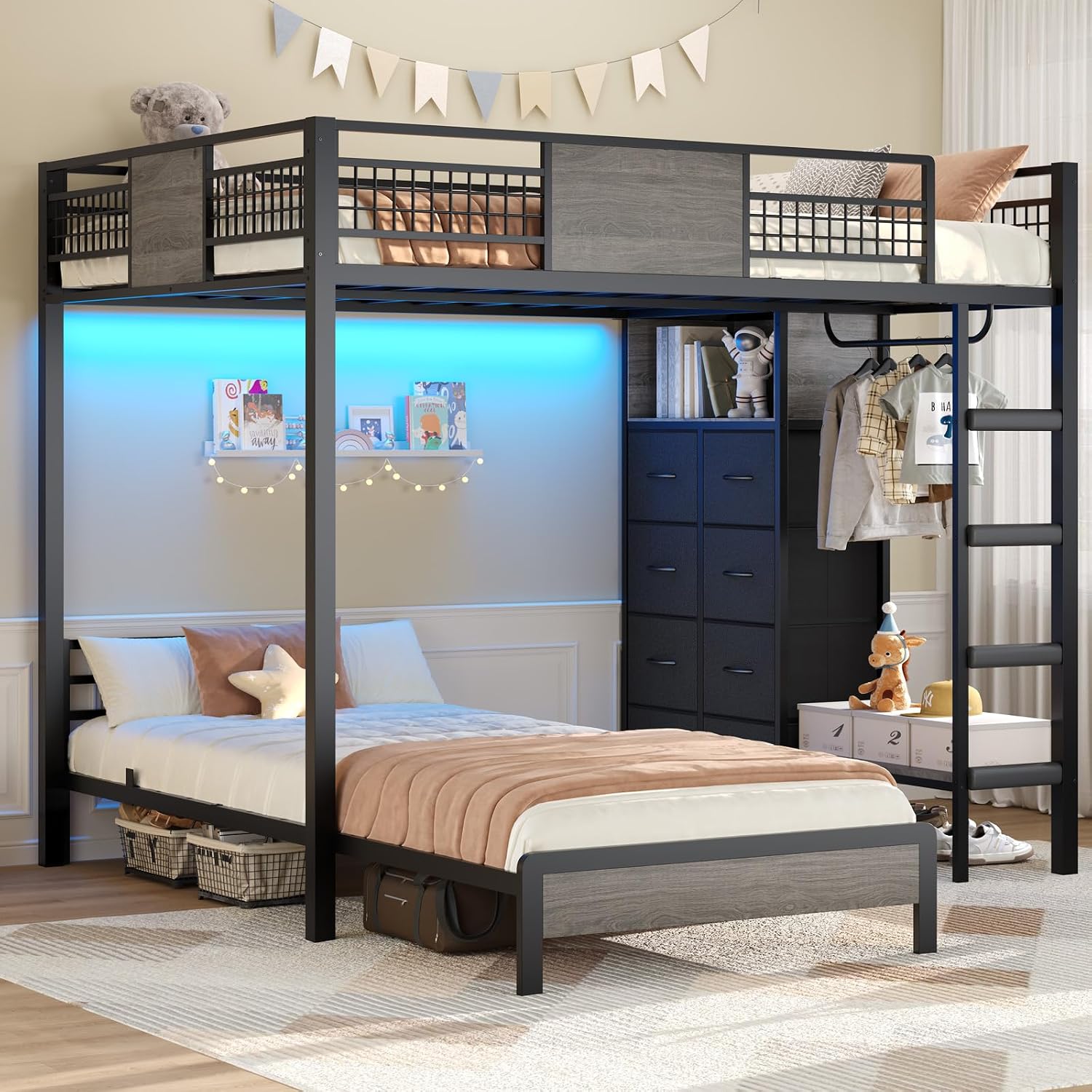 ADORNEVE Full Over Twin Bunk Bed with 8 Storage Drawers, Metal Loft Bed with Led Lights & Storage Shelves, Bunk Beds Twin Over Full Size with 13.4' H Safety Guardrail & Ladder, for Kids & Teens, Grey