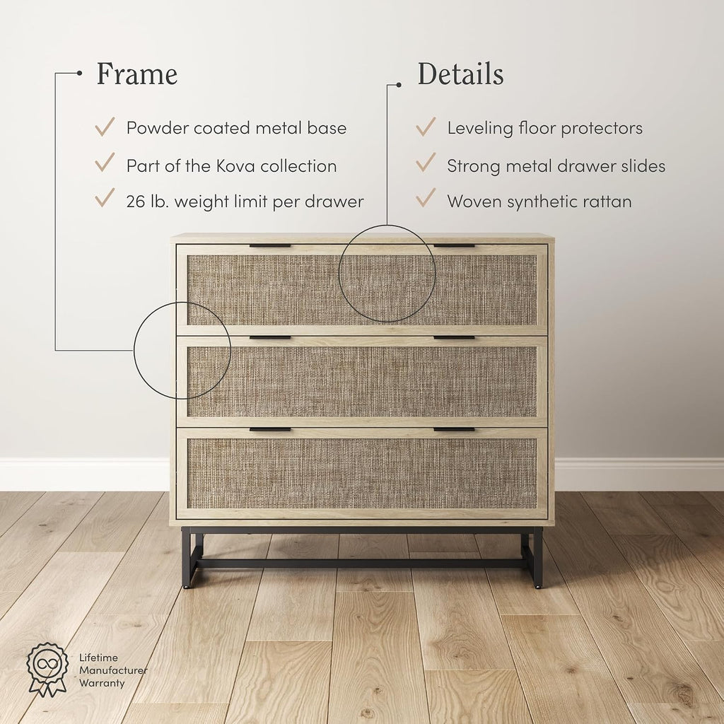 Nathan James Kova 3-Drawer Rattan Dresser or Boheminan Living Room Storage Cabinet with Textiline Rattan Accent and Metal Legs, Light Oak/Black