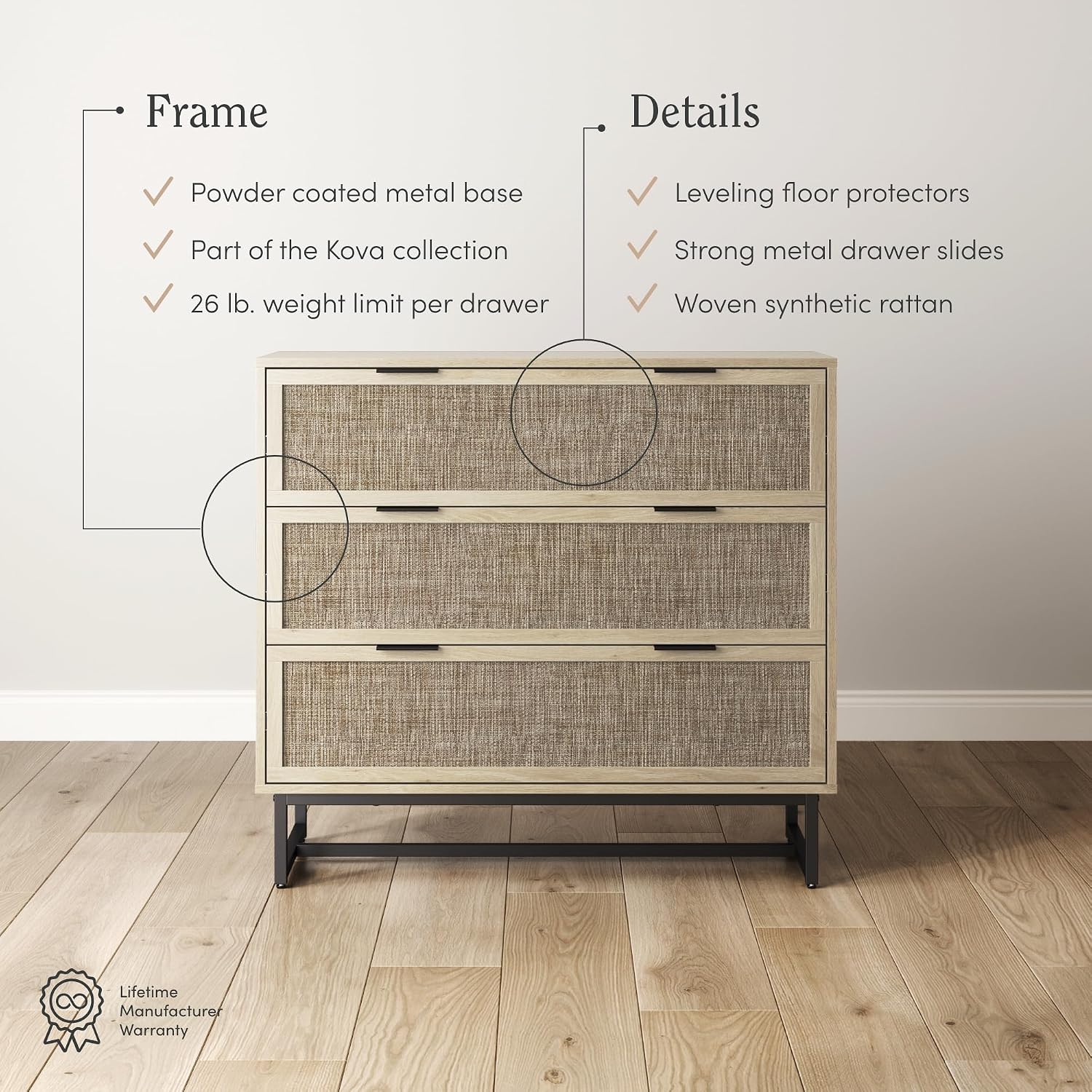 Nathan James Kova 3-Drawer Rattan Dresser or Boheminan Living Room Storage Cabinet with Textiline Rattan Accent and Metal Legs, Light Oak/Black