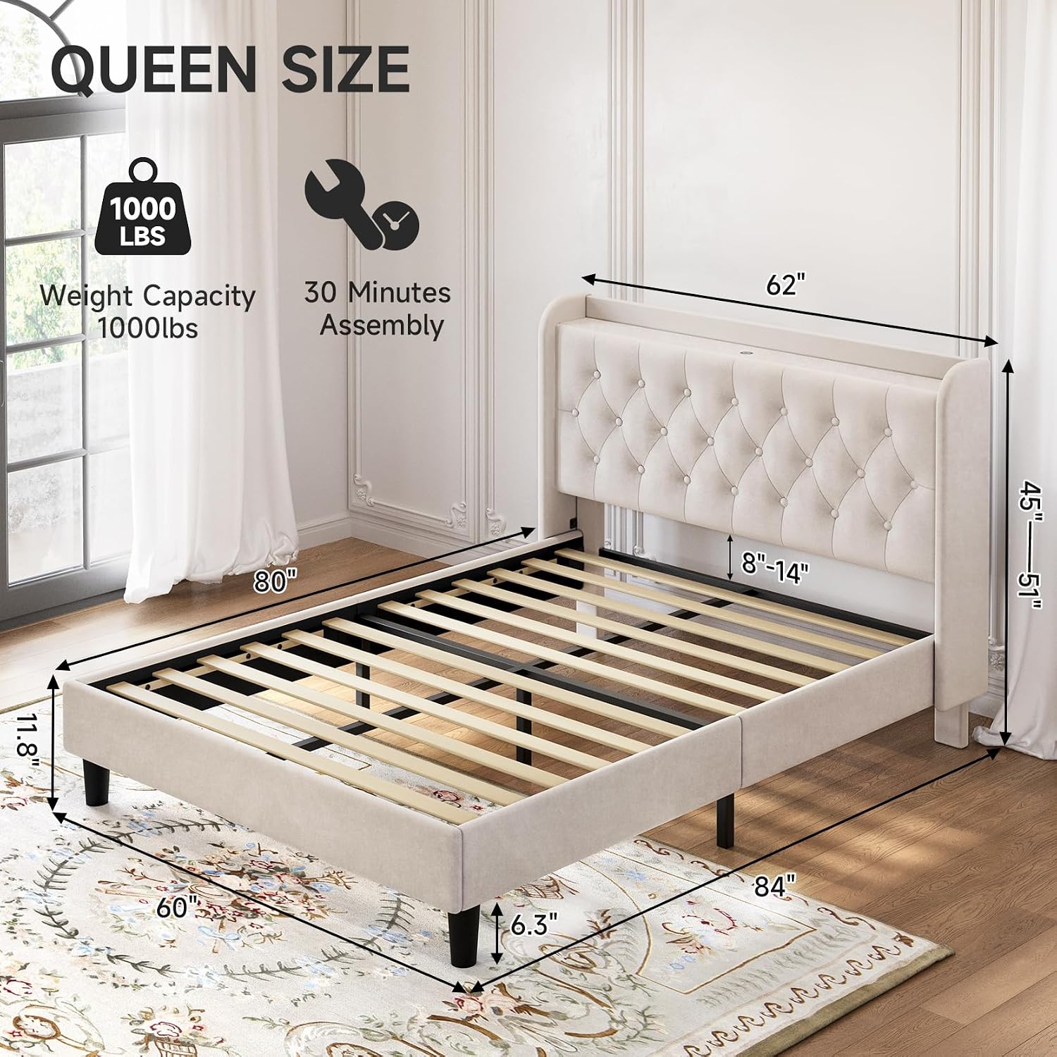 koorlian Queen Bed Frame with Headboard, Adjustable Velvet Upholstered Bed Frame with Type-C&USB Ports, Wingback Storage Headboard, Solid Wood Slats Support, No Box Spring Needed, Noiseless, Beige