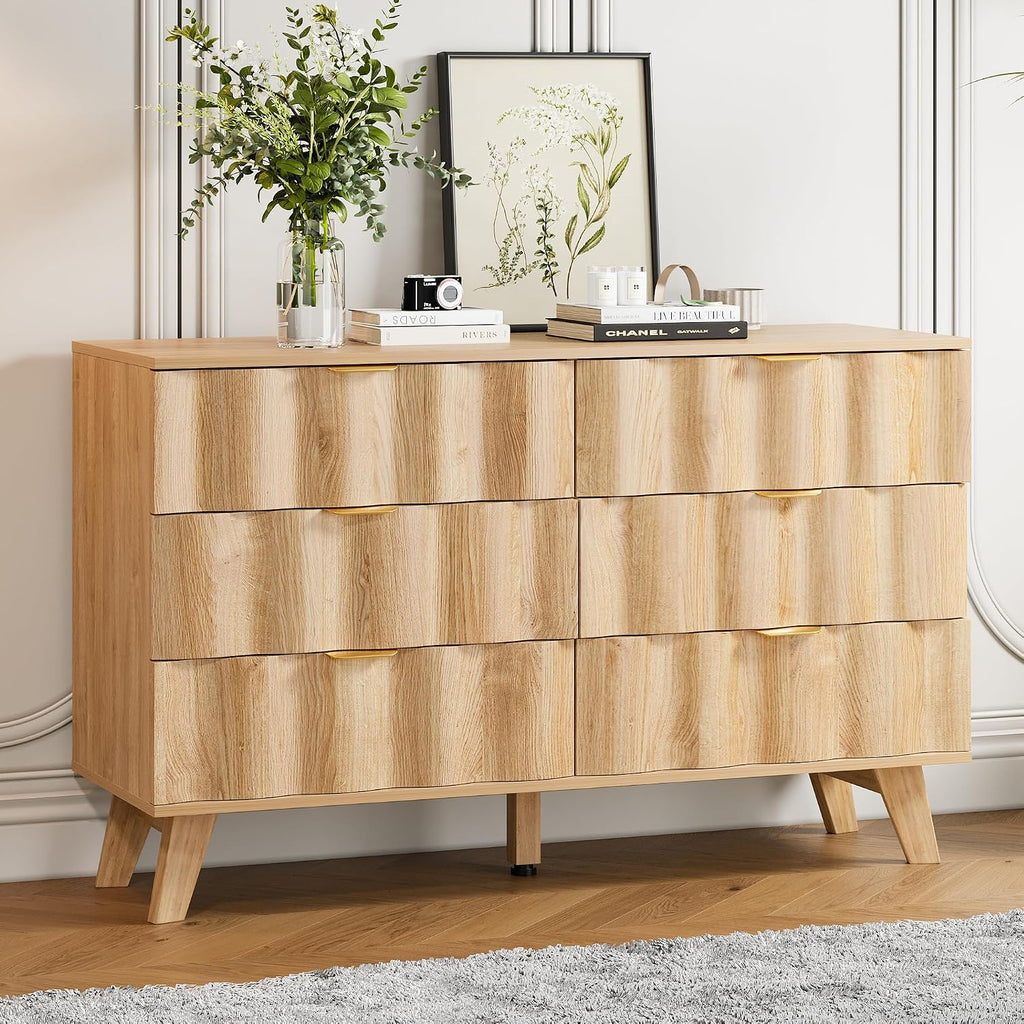 6 Drawer Dresser, Modern Fluted Storage Dresser with Deep Drawers and Metal Handles, Wood Chest of Drawers Storage Organizer for Bedroom, Living Room, Hallway (Natural)