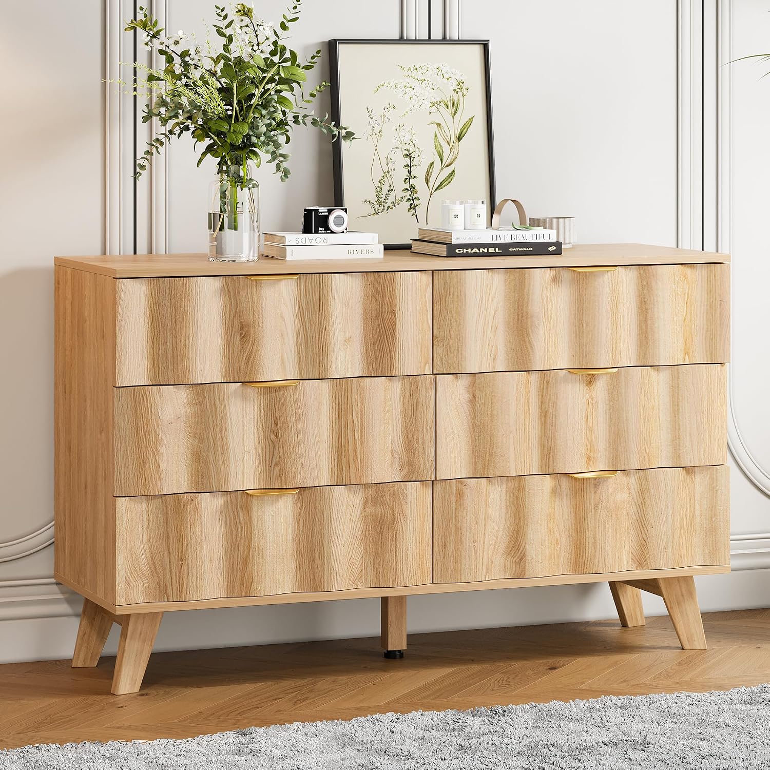 6 Drawer Dresser, Modern Fluted Storage Dresser with Deep Drawers and Metal Handles, Wood Chest of Drawers Storage Organizer for Bedroom, Living Room, Hallway (Natural)