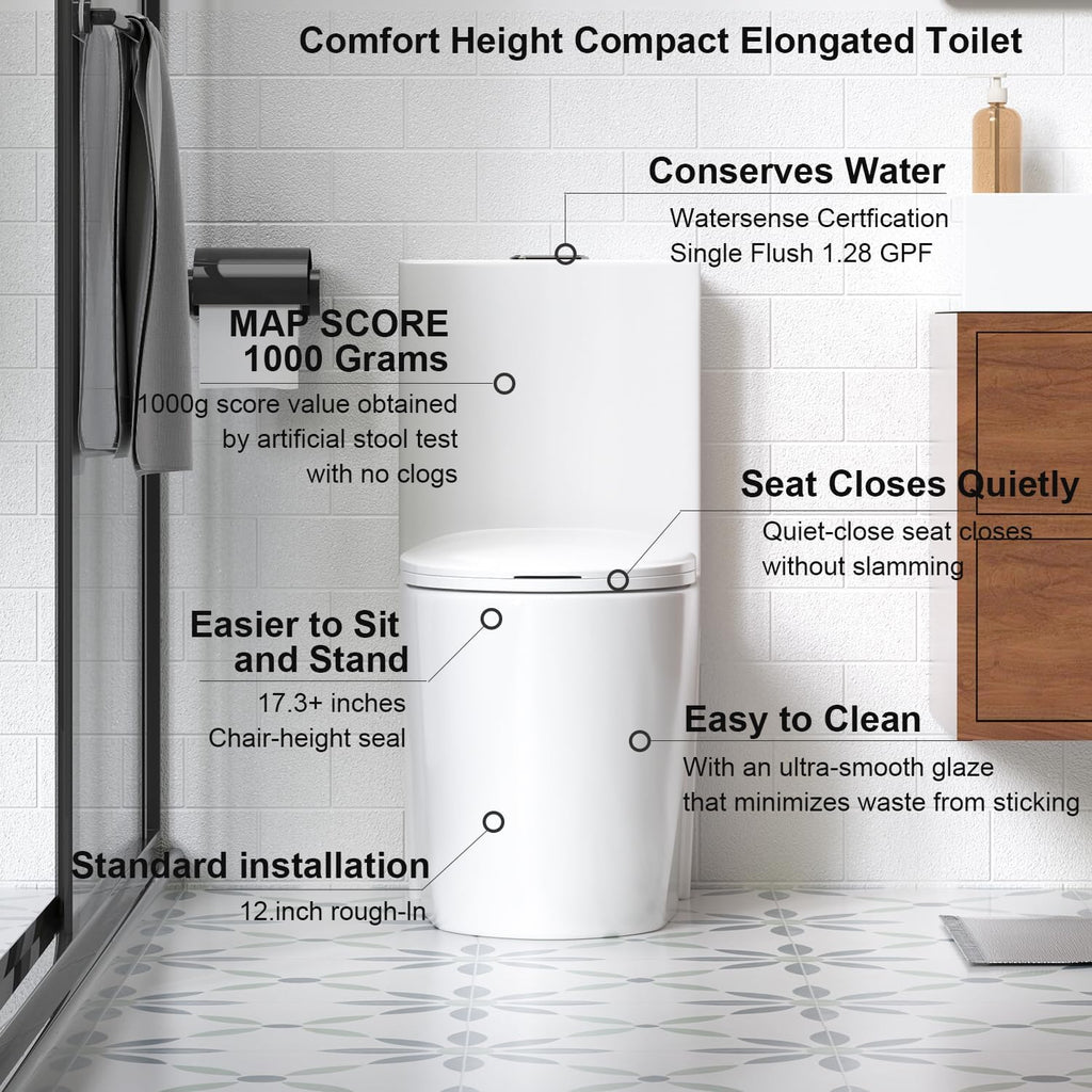Elongated One Piece Toilet with Comfort Chair Seat ADA Height 17.3' Modern Toilet for Bathroom, Dual Flush 0.8/1.6 GPF and MAP 1000g, 12' Rough-In, Soft Closing Seat, Glossy White