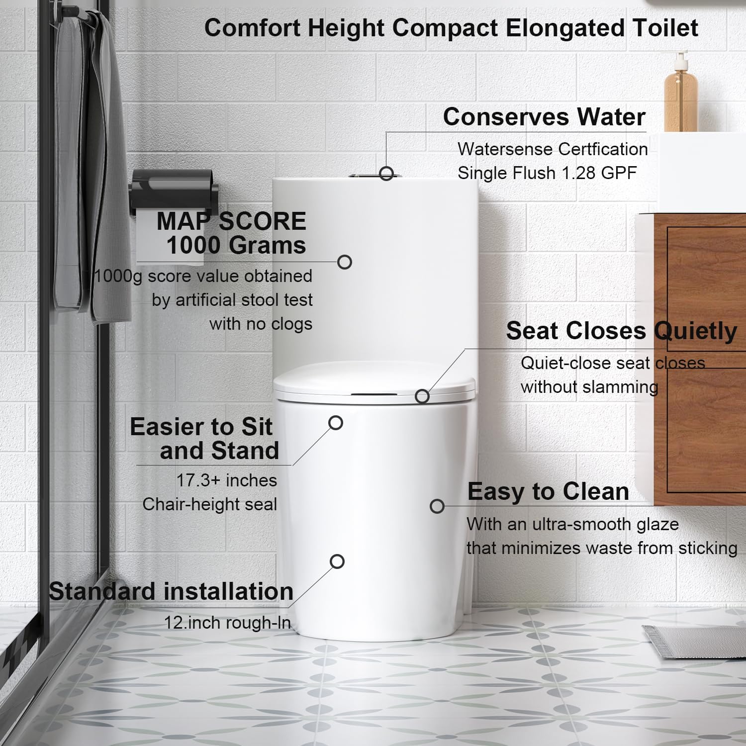 Elongated One Piece Toilet with Comfort Chair Seat ADA Height 17.3' Modern Toilet for Bathroom, Dual Flush 0.8/1.6 GPF and MAP 1000g, 12' Rough-In, Soft Closing Seat, Glossy White
