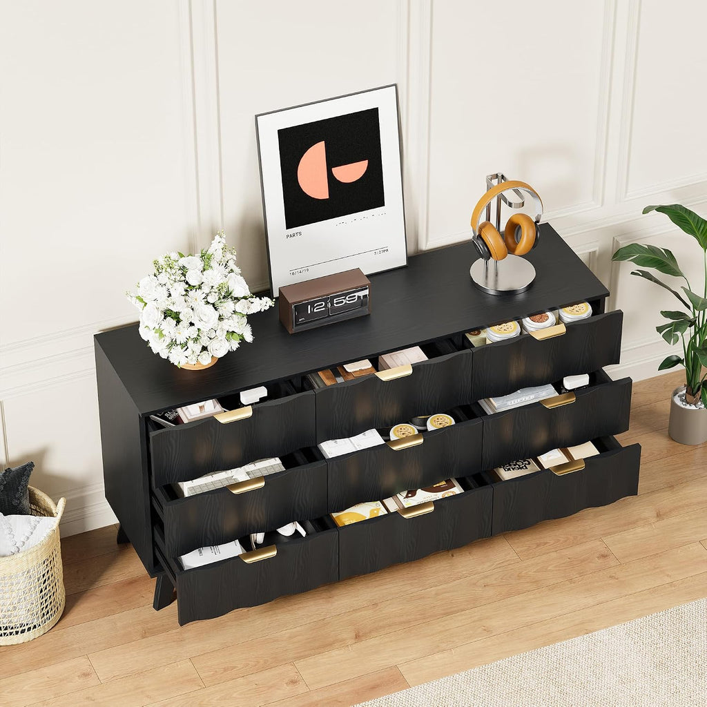 9 Drawer Dresser, Modern Fluted Storage Dresser with Deep Drawers and Metal Handles, Wood Chest of Drawers Storage Organizer for Bedroom, Living Room, Hallway (Black)