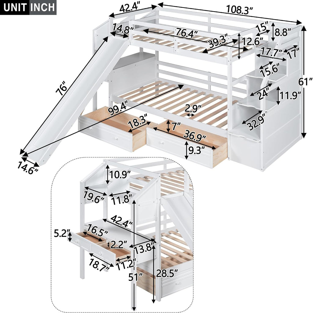 Merax Twin Over Twin Bunk Bed with Storage Staircase & Desk, Wood Bedframe with 2 Pull Out Drawers,Sturdy Bedroom Furniture Set for Boys Girls Teens (White)