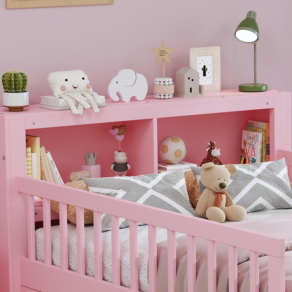 VilroCaz Wood Twin Size Platform Bed with Safety Fence for Kids Boys Girls, Platform Bed Frame with Practical Headboard and 2 Under-Bed Drawers, Sturdy Slats Support (Pink-3.15)