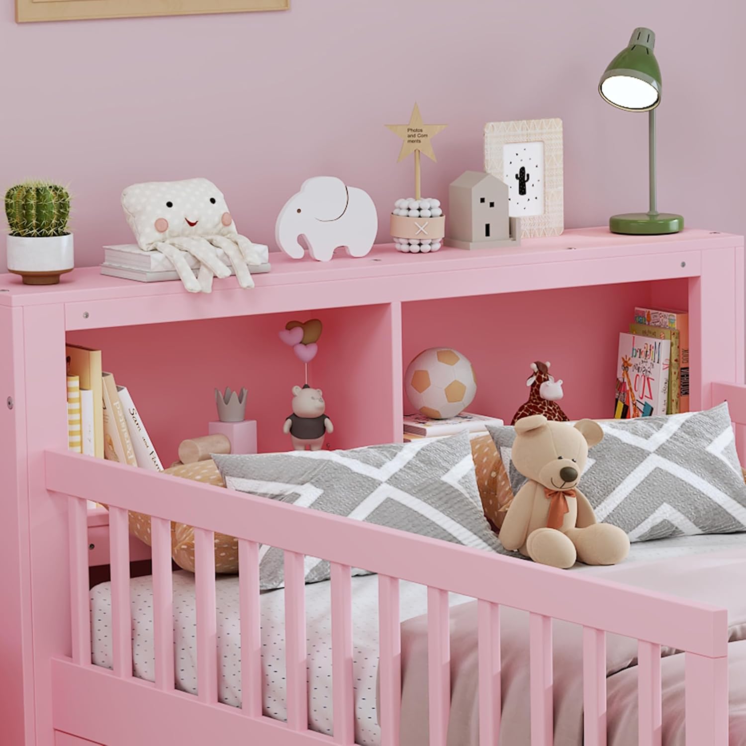 VilroCaz Wood Twin Size Platform Bed with Safety Fence for Kids Boys Girls, Platform Bed Frame with Practical Headboard and 2 Under-Bed Drawers, Sturdy Slats Support (Pink-3.15)