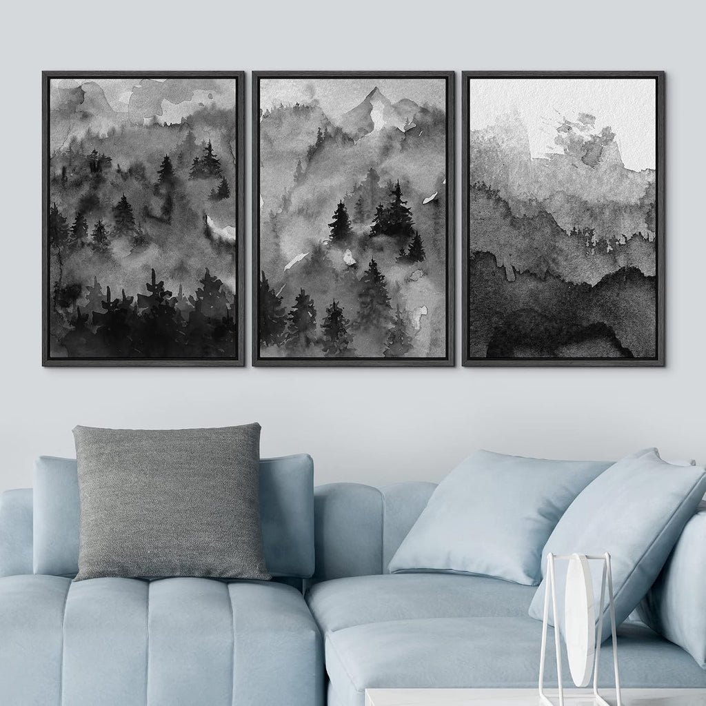 NWT Framed Canvas Print Wall Art Set Pastel Watercolor Dark Mountain Forest Nature Wilderness Illustrations Modern Art Decorative Landscape Rustic for Living Room, Bedroom, Office - 16'x24'x3 Black