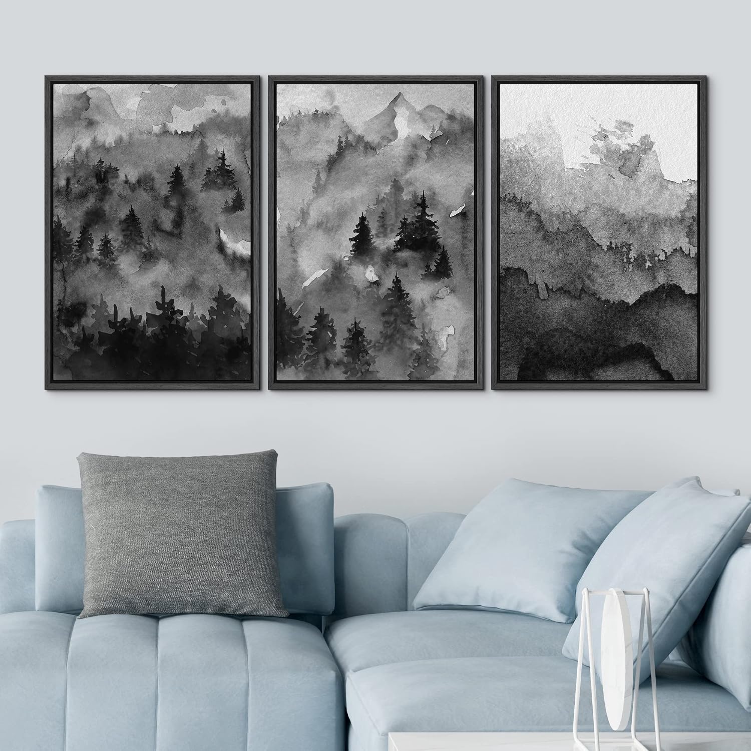 NWT Framed Canvas Print Wall Art Set Pastel Watercolor Dark Mountain Forest Nature Wilderness Illustrations Modern Art Decorative Landscape Rustic for Living Room, Bedroom, Office - 16'x24'x3 Black