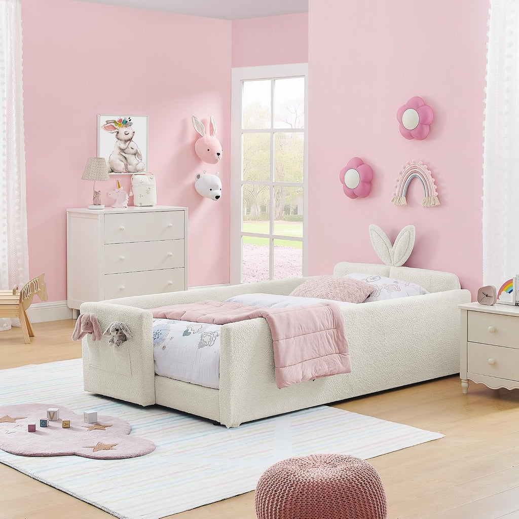 VilroCaz Twin Size Upholstered Platform Bed with Safety Guardrail and Cute Rabbit Ear Shaped Headboard, Boucle Fabric Montessori Kids Bed with Pocket and Sturdy Slats Support (Beige-7.24)