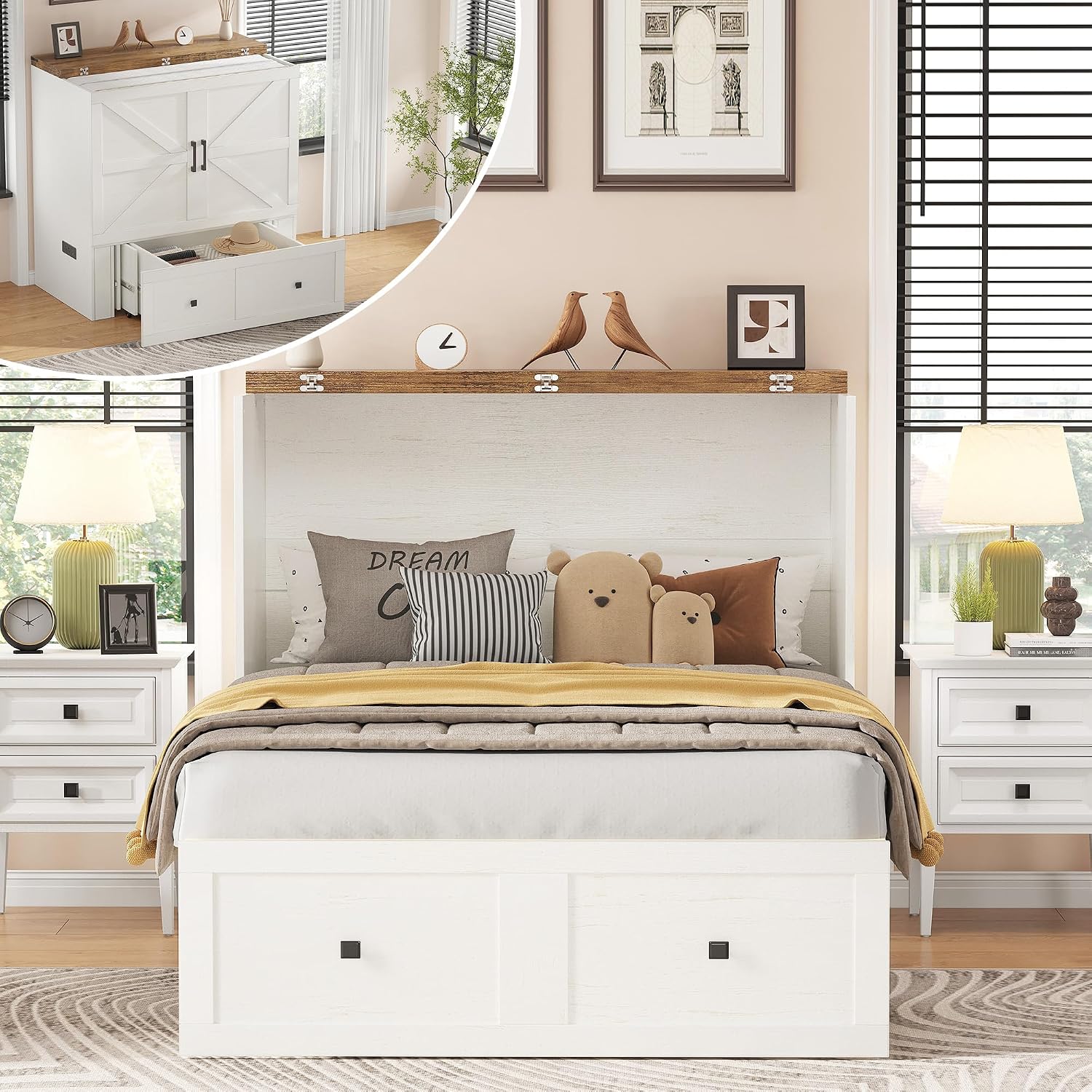 AMERLIFE Twin Murphy Bed Cabinet with Charging Station and Storage Drawer, Farmhouse Foldable Platform Bed for Home Office, Apartment, Small Spaces, Distressed White