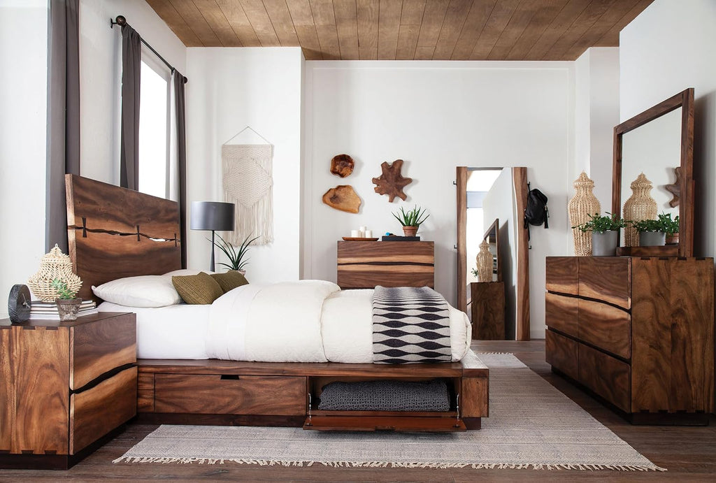 Coaster Home Furnishings Winslow Farmhouse 4-Piece Bedroom Set Live Edge Queen Size Storage Bed Frame 54-inch Headboard Smokey Walnut and Coffee Bean 223250SQ-S4