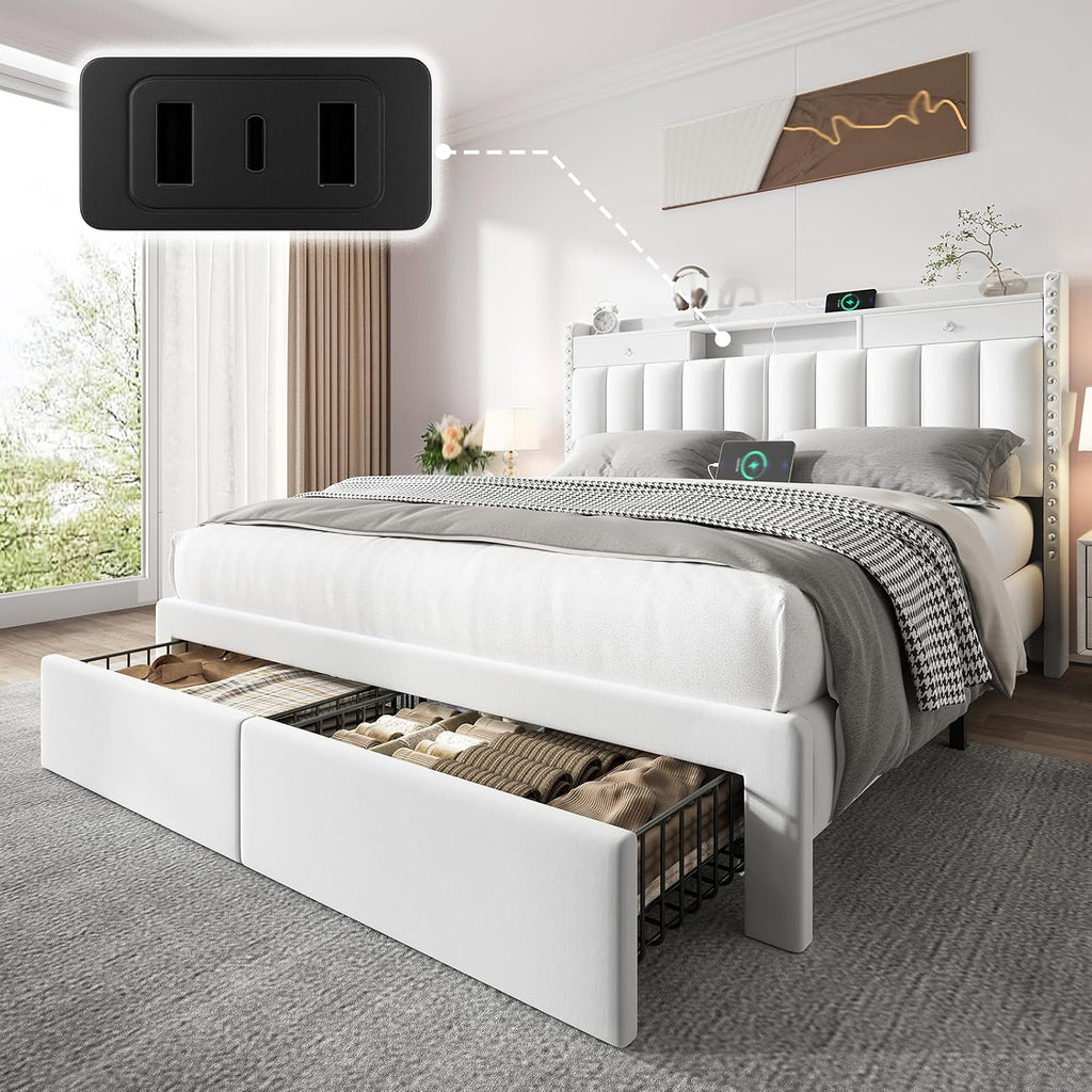 CypBed Full Size Upholstered Platform Bed Frame with Velvet & 2-Tier Storage Headboard, USB & Type-C Charging Ports, 4 Storage Drawers, Solid Wood Slats, No Box Spring Needed, No-Noise, White, Gifts