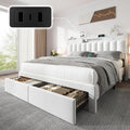 CypBed Full Size Upholstered Platform Bed Frame with Velvet & 2-Tier Storage Headboard, USB & Type-C Charging Ports, 4 Storage Drawers, Solid Wood Slats, No Box Spring Needed, No-Noise, White, Gifts
