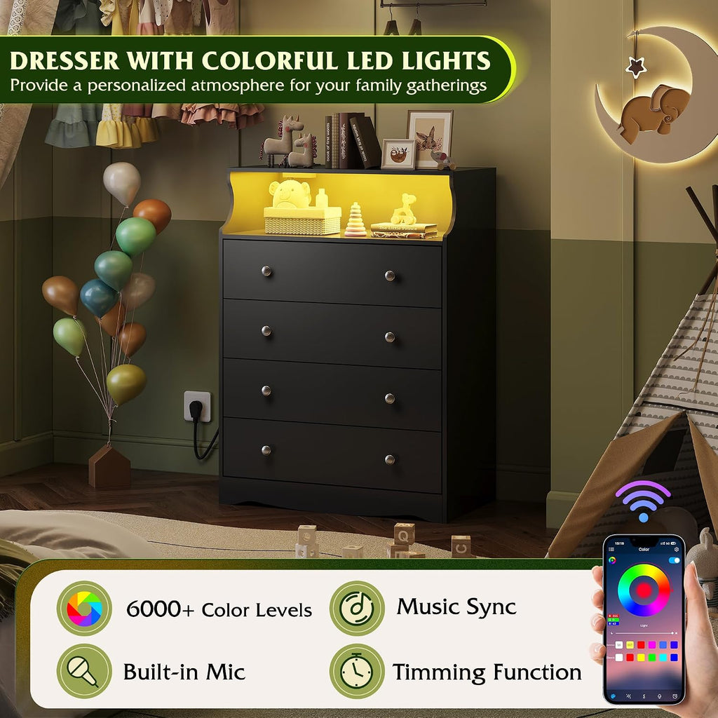 WLIVE Black LED Dresser for Bedroom, Tall Wood Dresser with 4 Drawers and Open Shelf, Chest of Drawers with Power Outlet for Living Room, Hallway, Closet