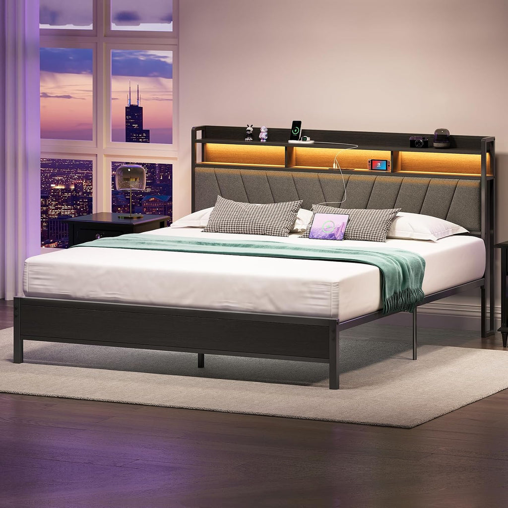 King Bed Frame with Wood Headboard, Metal Platform Bed with LED Lights & Charging Station, 2-Tier Storage Shelves, Sturdy and Easy Assembly, Under Bed Space, No Box Spring Needed, Noise Free, Black