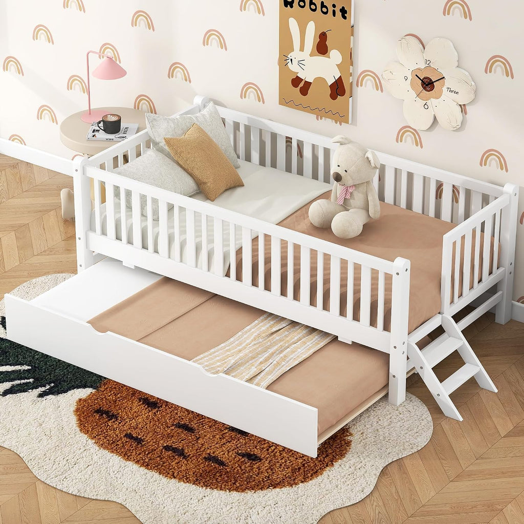 VilroCaz Twin Size Platform Bed with Guardrail and Trundle, Wood Kids Platform Bed Frame with Two-Step Ladder for Boys Girls, Sturdy Slats Support (White-1.26T)