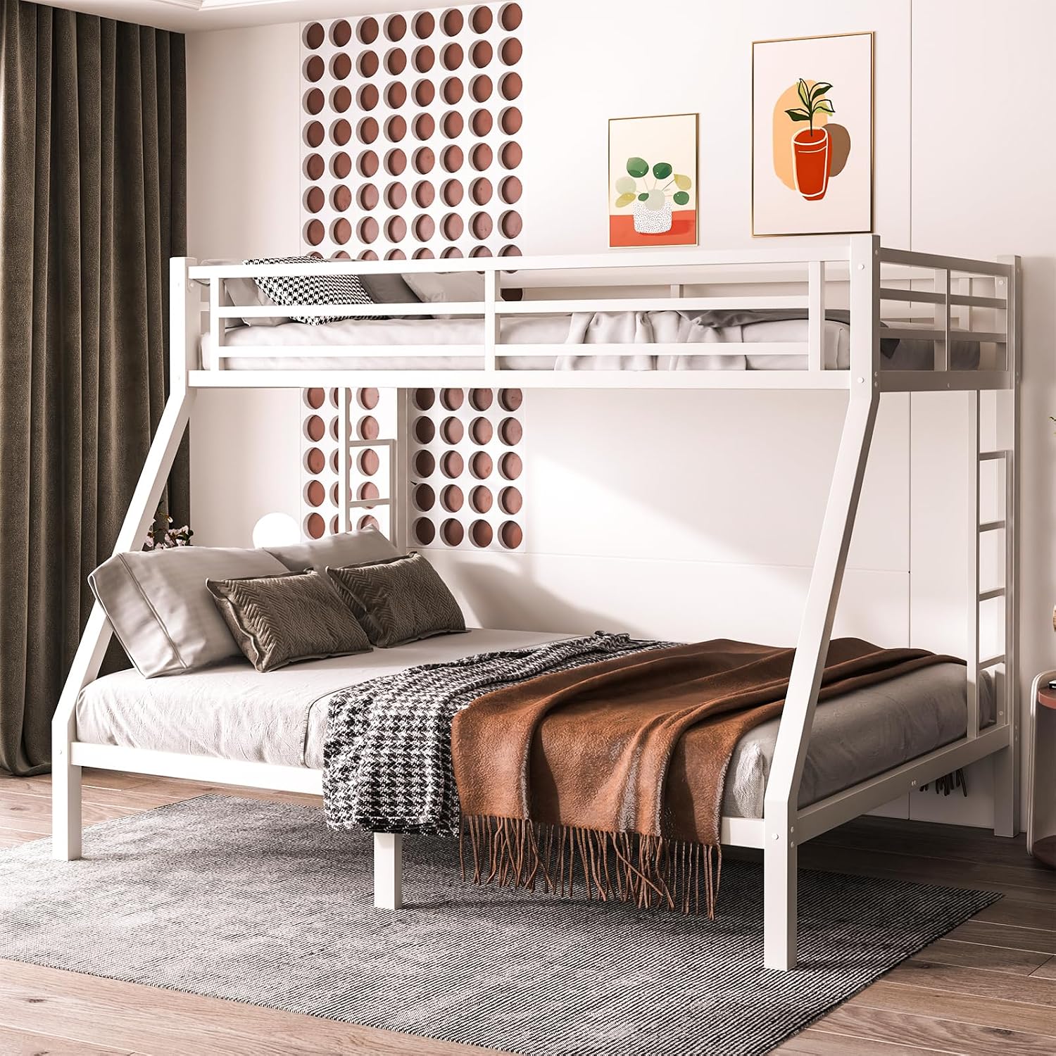 Twin XL Over Queen Bunk Bed Frame, Heavy Duty Metal Loft Bed for Adults/Teens, 350/600LB Capacity w/Ladder & Guardrail, Noise-Free Steel Slats, No Box Spring Required, White