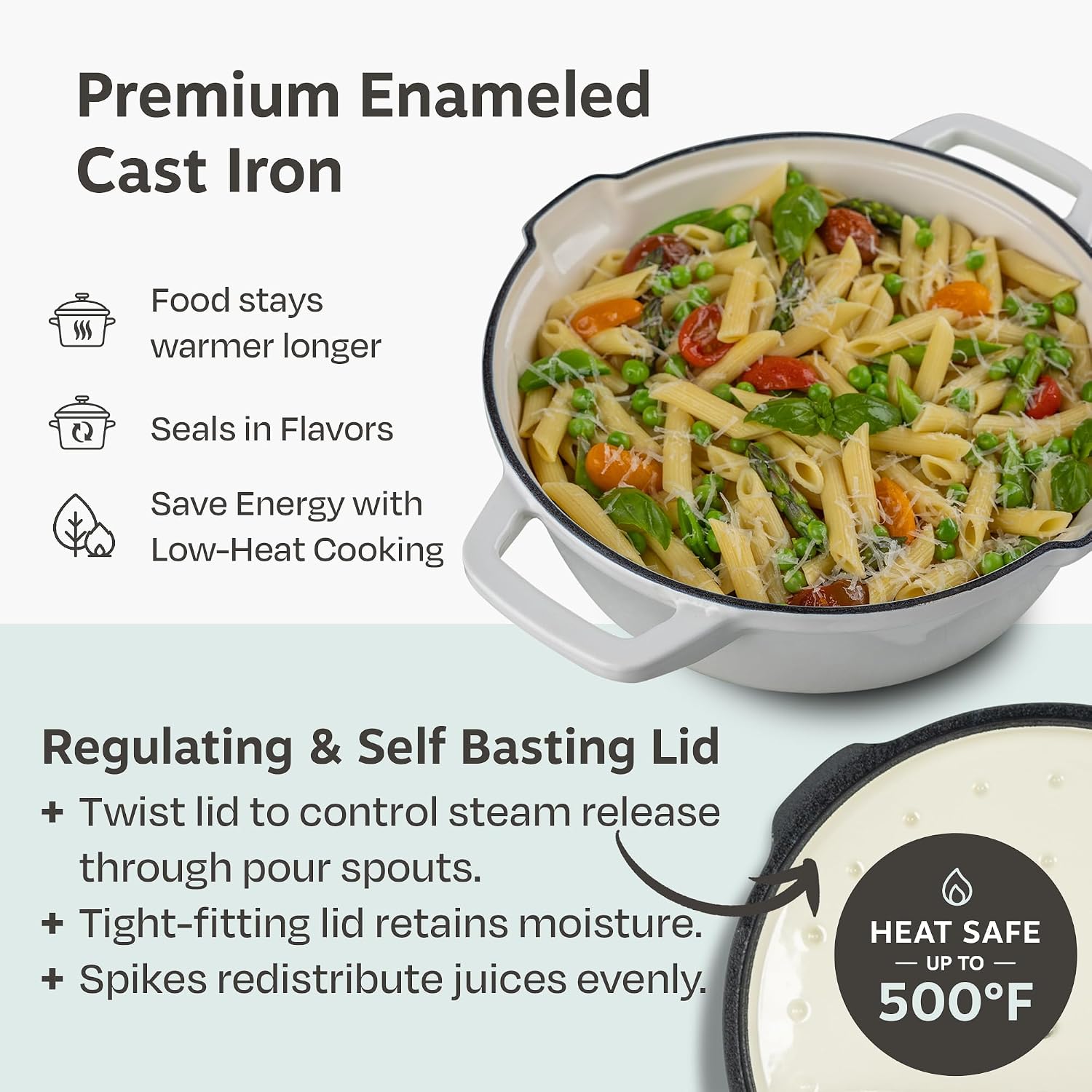 NATIVO 5pc Stackable Cast Iron Cookware Set, Versatile Enamel Dutch Oven, Seasoned Grill Pan & Enamel Braiser with Precision Pour Spouts, Universal Lid, Included Spacers/Handle Holders, White Dutch