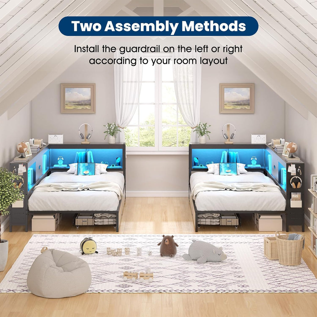 Corner Twin Bed Frame with Storage Drawer & Bookcase Headboard, Twin Size Metal Platform Bed Frame with Charging Station and LED Light, Twin Daybed Multi-Storage for Kids Teens Guest, Black