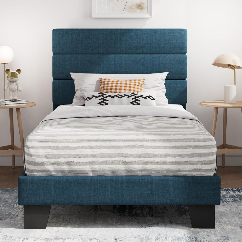 SHA CERLIN Twin Platform Bed Frame with Upholstered Fabric Headboard, Mattress Foundation with Strong Wooden Slats Support, No Box Spring Needed, Navy Blue