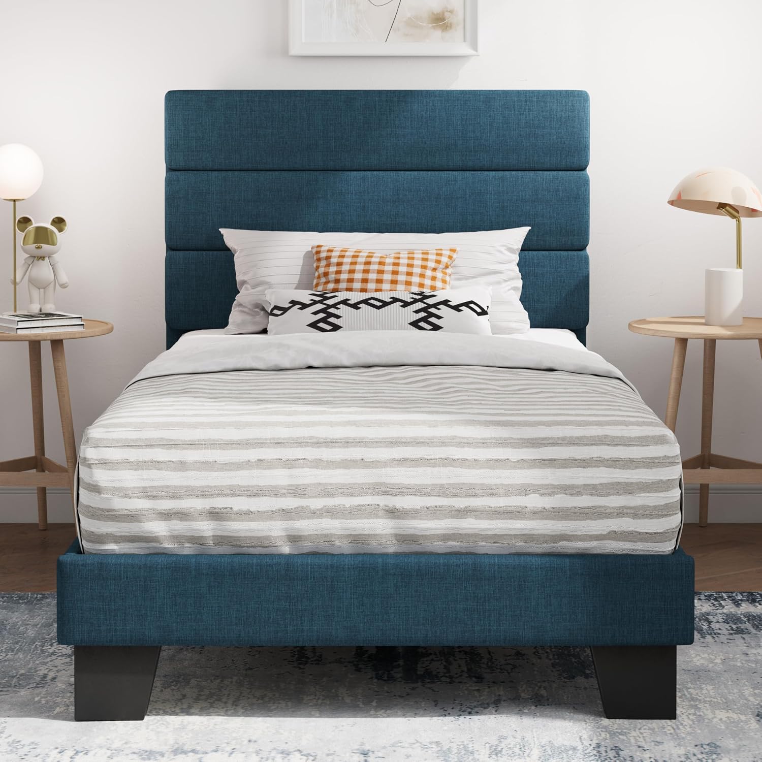 SHA CERLIN Twin Platform Bed Frame with Upholstered Fabric Headboard, Mattress Foundation with Strong Wooden Slats Support, No Box Spring Needed, Navy Blue