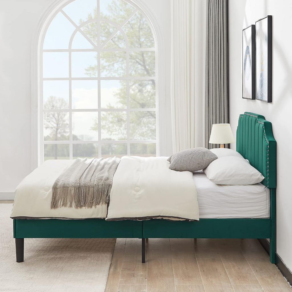VECELO Upholstered Platform Full Bed Frame with Tufted Adjustable Headboard/Mattress Foundation/Wood Slat Support,Easy Assembly,Dark Green