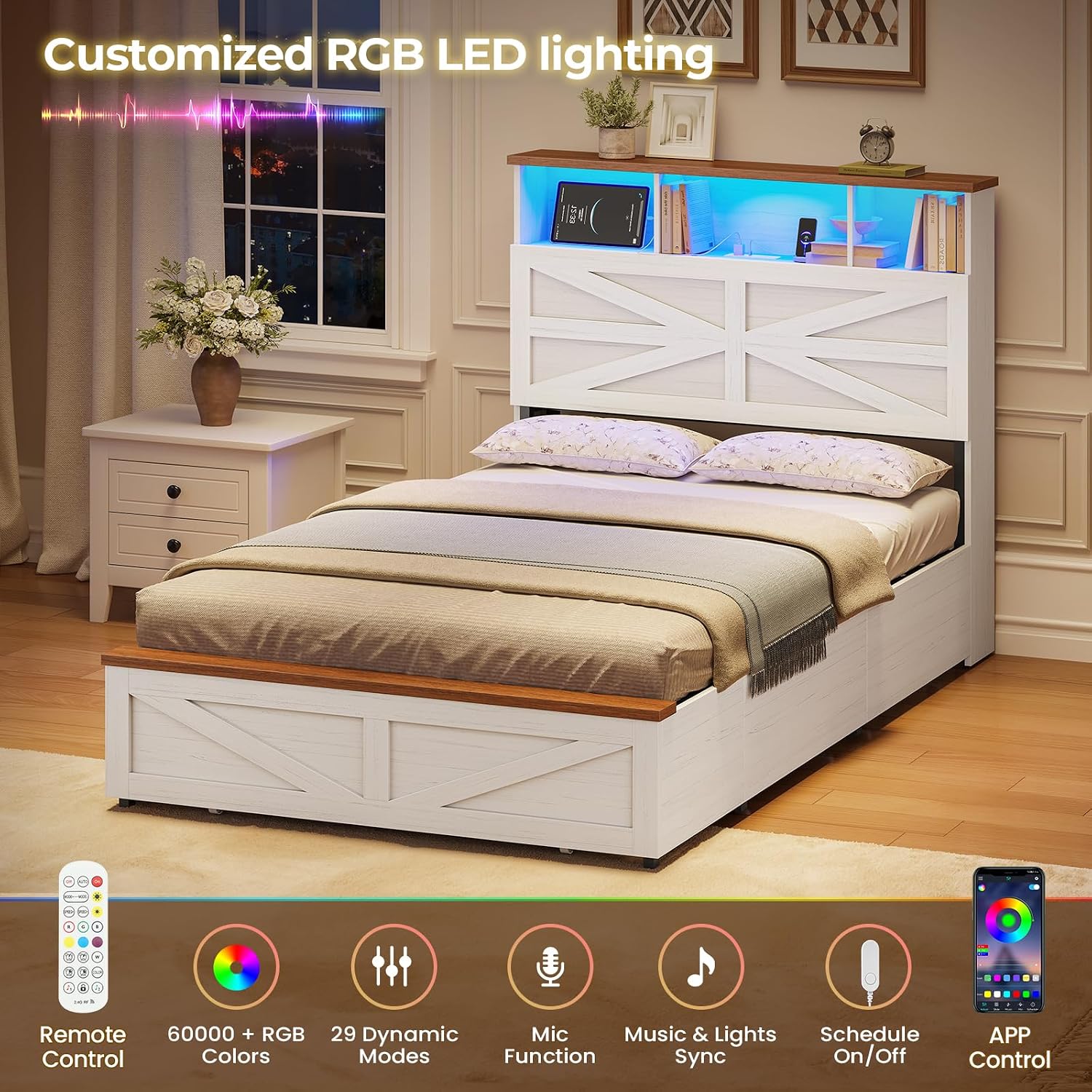 VIAGDO Twin Bed Frames with 5 Drawers, Farmhouse Bed Frame with Barn Door Headboard and Storage, Wood Platform Bed Frame Twin Size with Charging Station and LED Lights, No Box Spring Needed, White