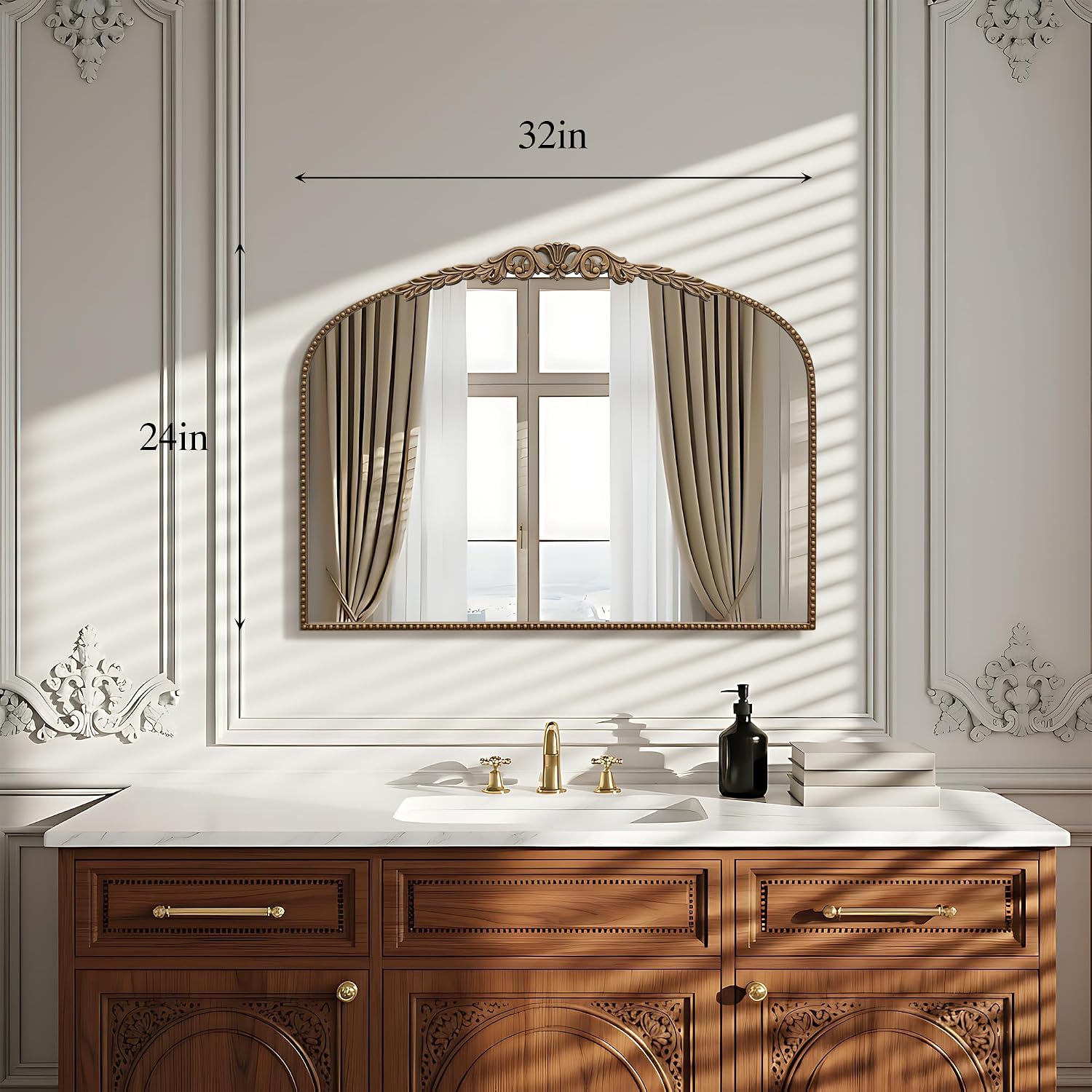 Besdomus Gold Vintage Vanity Mirror: 32'x 24' French Baroque Arched Mirror - Traditional Ornate Antique for Fireplace/Bathroom/Entryway/Dresser - Home Decor for Living Room