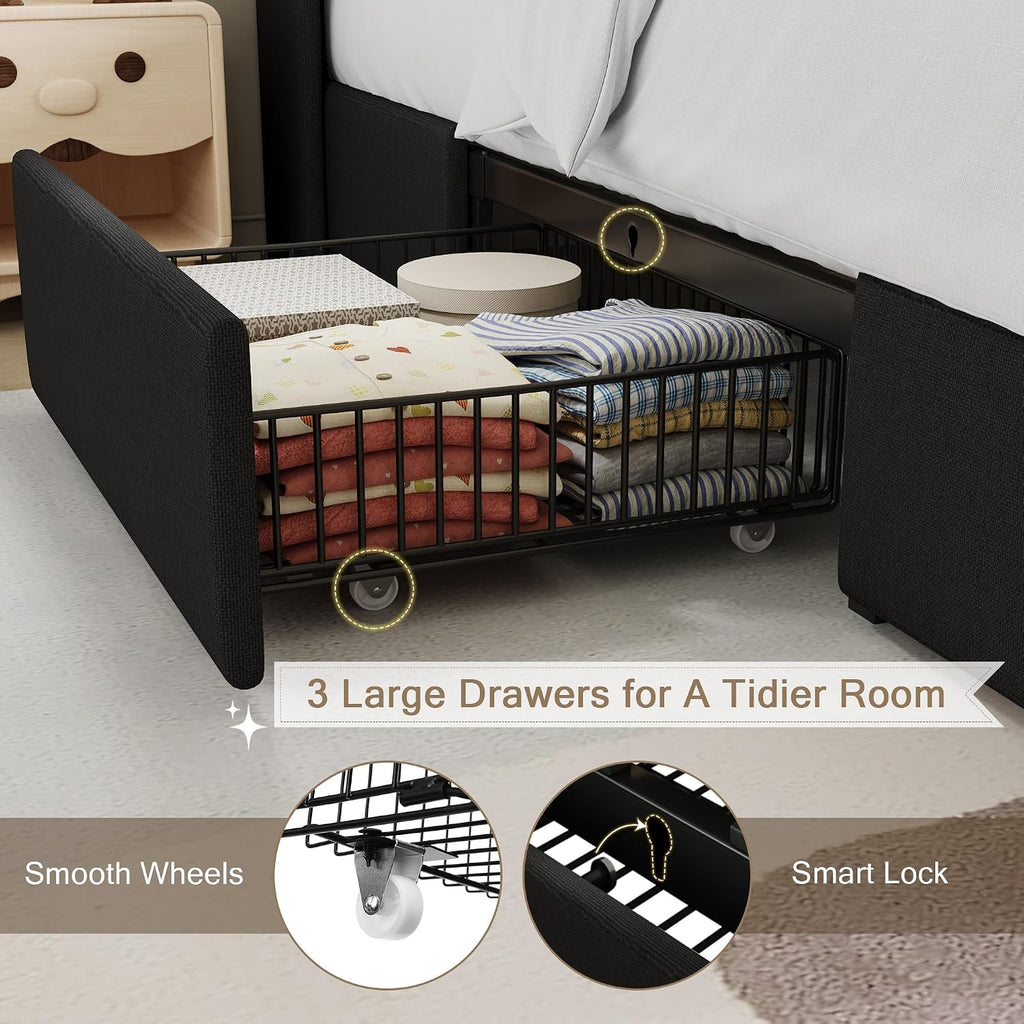 Einhomn Twin Bed Frame with 3 Storage Drawers, Upholstered Bed Frame with Charging Station and Storage Headboard, No Box Spring Needed, Easy Assembly, Black