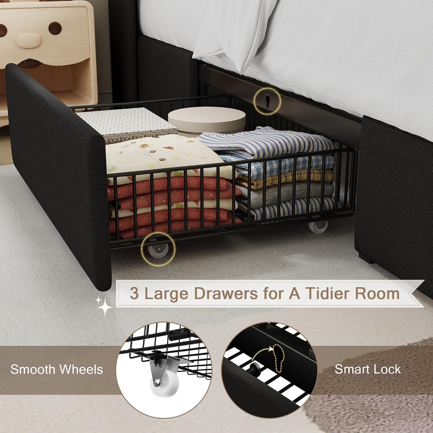 Einhomn Twin Bed Frame with 3 Storage Drawers, Upholstered Bed Frame with Charging Station and Storage Headboard, No Box Spring Needed, Easy Assembly, Black