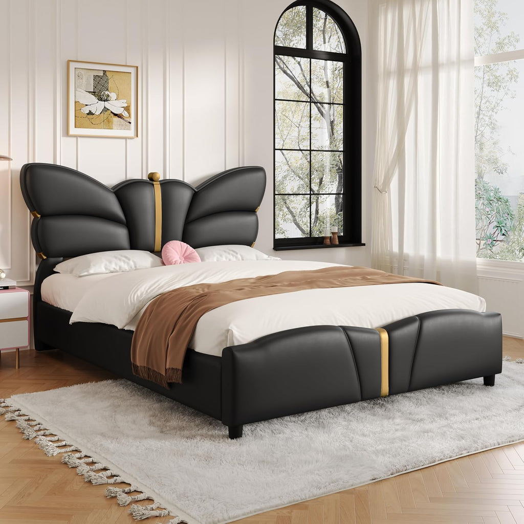 Merax PU Leather Upholstered Platform Bed with Butterfly Shaped Headboard and Footboard, Full Size Bed Frame for Bedroom, Solid Wood Slats Support, No Box Spring Needed, Easy Assembly, Black