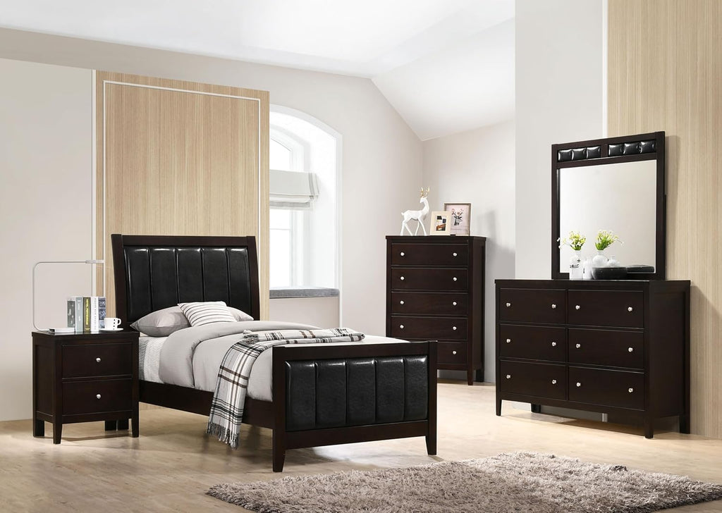 Coaster Home Furnishings Carlton Contemporary 4-Piece Bedroom Set Leatherette Upholstered Twin Size Panel Bed Frame 51-inch Headboard Cappuccino 202091T-S4
