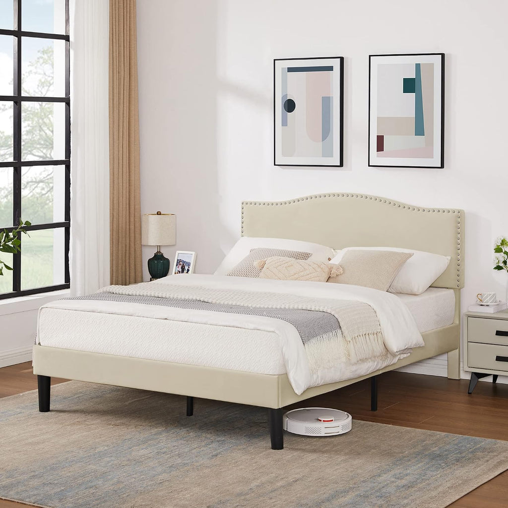 VECELO Full Bed Frame, Platform Bed Frame with Adjustable Height Upholstered Headboard, Heavy-Duty Frame and Strong Wooden Slats Support, Non-Slip and Noise-Free, Easy Assembly, Beige