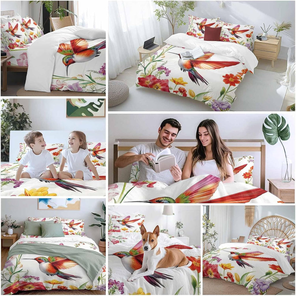 Retro Duvet Cover Set Queen Size 4 Pieces Hummingbird Colorful Floral Pastoral Spring Scenery Bedding Set with Zipper Closure, 1 Comforter Cover 90x92 Inches 1 Flat Sheet & 2 Pillow Cases