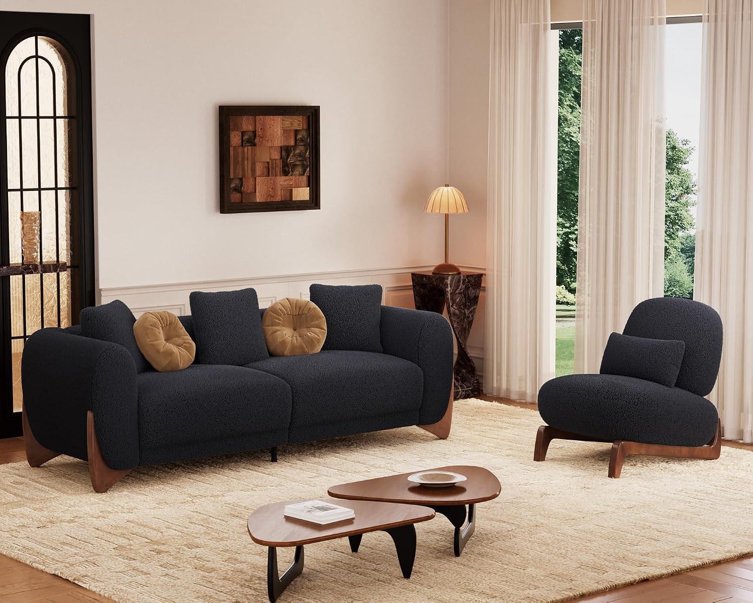 Morden Fort 2 Piece Cloud Couch Set, Modern Sherpa Boucle Sofa Set with Wood Legs, Skin-Friendly Minimalist Upholstered Comfy Couch Sofas for Living Room, 3-Seater Sofa & Tilt Back Chair, Black