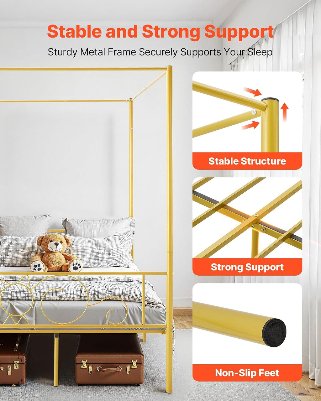 VEVOR Canopy Bed Frame Full Size, Metal Canopy Bed with Minimalist Headboard & Four Posters Design, Heavy Duty Steel Slats Support, Underbed Storage Space, No Box Spring Needed, Easy Assembly, Gold