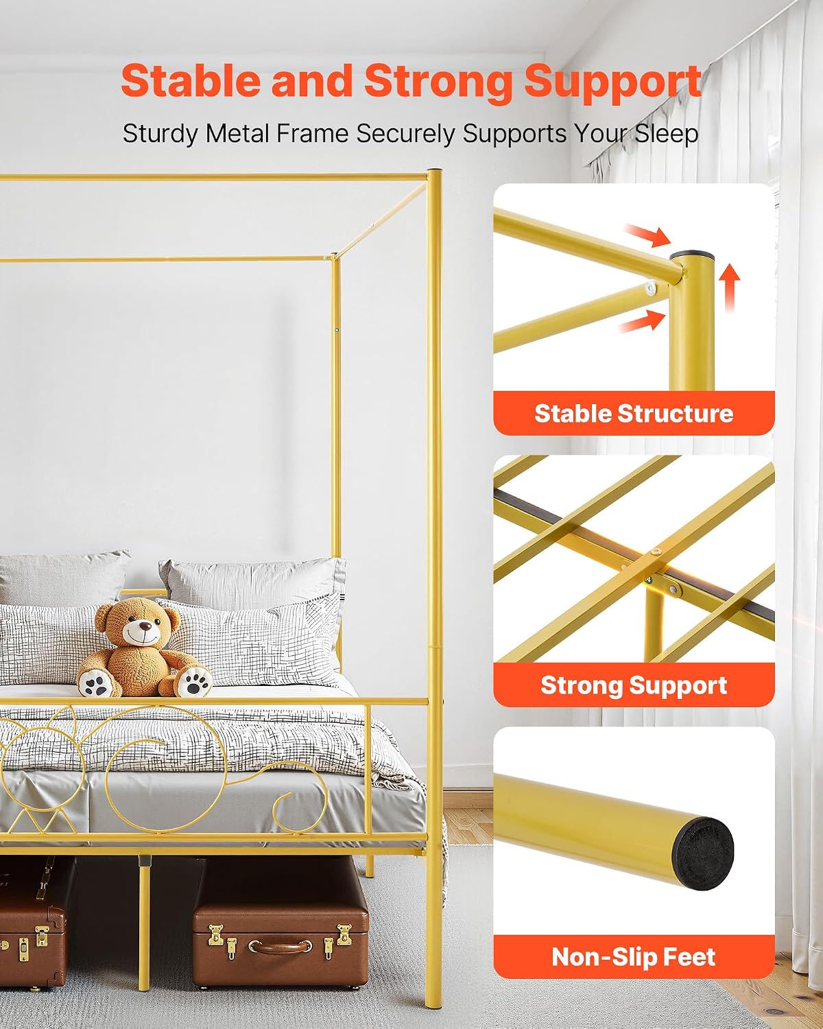 VEVOR Canopy Bed Frame Full Size, Metal Canopy Bed with Minimalist Headboard & Four Posters Design, Heavy Duty Steel Slats Support, Underbed Storage Space, No Box Spring Needed, Easy Assembly, Gold
