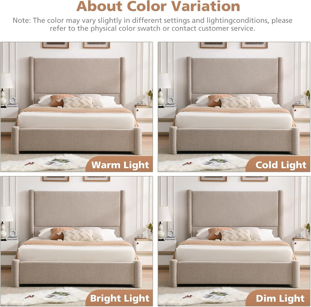 VELOCAVA Queen Size Upholstered Bed Frame with 51.77' Tall Headboard and Soft Rounded Corners, Side Storage Drawers, 12-Slat Support, No Box Spring Needed, Bouclé Texture, Beige