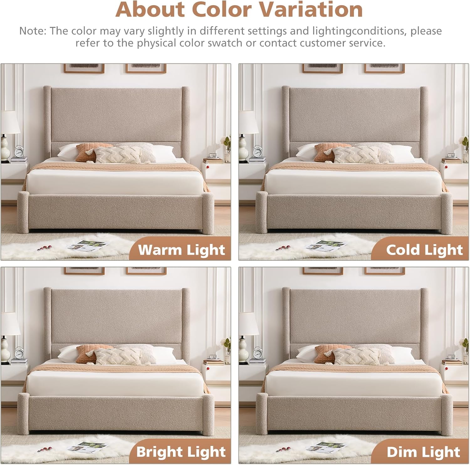 VELOCAVA Queen Size Upholstered Bed Frame with 51.77' Tall Headboard and Soft Rounded Corners, Side Storage Drawers, 12-Slat Support, No Box Spring Needed, Bouclé Texture, Beige