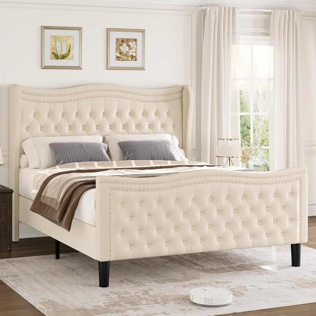 Queen Bed Frame with Tall Headboard & Footboard, Velvet Upholstered Platform Bed Frame with Deep Button Tufted Wingback, No Box Spring Needed, Noise Free, Beige